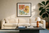 Spring Softies III by Lisa Audit. Displayed in a glass frame with matte in a clean modern living room. Available as an archival giclee rolled canvas, fine art paper, or poster print. SKU 25957a.