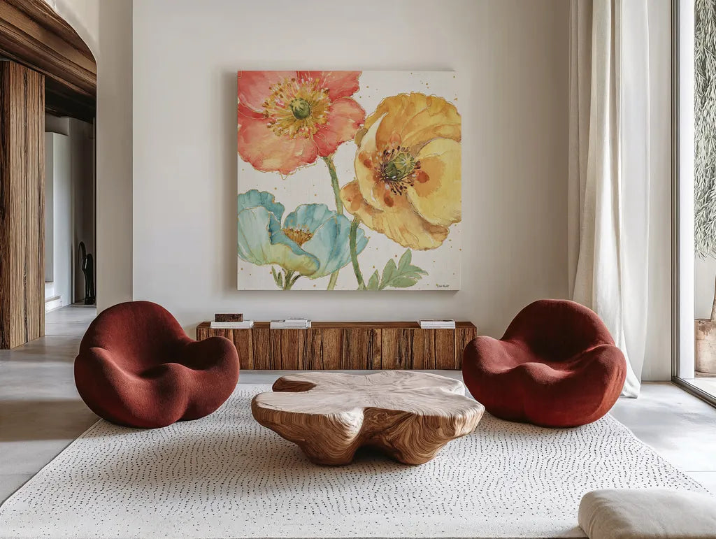 Spring Softies III by Lisa Audit. Shown as extra-large giant wall art in a modern living room. Available as an archival giclee rolled canvas, fine art paper, or poster print. SKU 25957a.