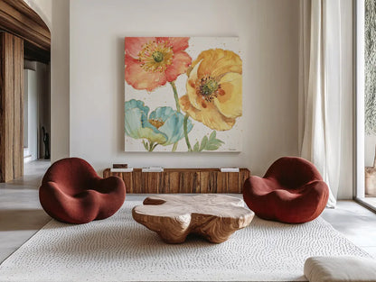 Spring Softies III by Lisa Audit. Shown as extra-large giant wall art in a modern living room. Available as an archival giclee rolled canvas, fine art paper, or poster print. SKU 25957a.