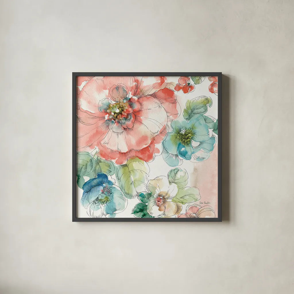 Summer Bloom II by Lisa Audit. Shown in a sleek black glass frame for a contemporary gallery look. Available as an archival giclee rolled canvas, fine art paper, or poster print. SKU 16816a.