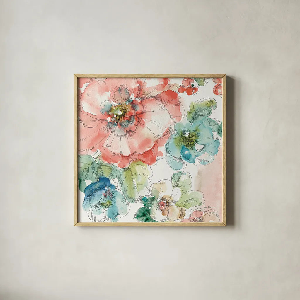 Summer Bloom II by Lisa Audit. Shown in a natural wood glass frame for a timeless modern aesthetic. Available as an archival giclee rolled canvas, fine art paper, or poster print. SKU 16816a.