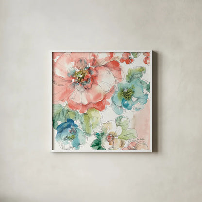 Summer Bloom II by Lisa Audit. Shown in a crisp white glass frame for a clean and minimalist style. Available as an archival giclee rolled canvas, fine art paper, or poster print. SKU 16816a.