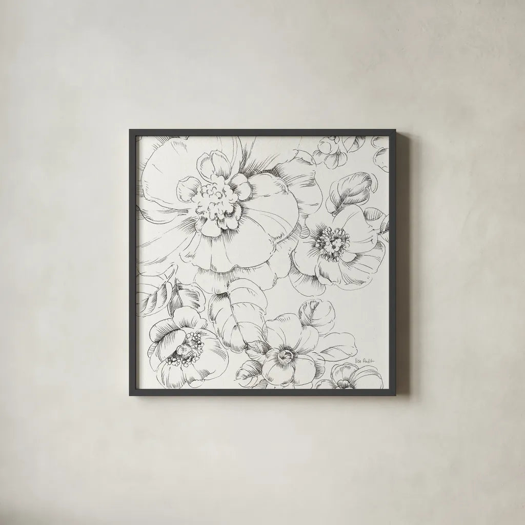Summer Bloom II BW by Lisa Audit. Shown in a sleek black glass frame for a contemporary gallery look. Available as an archival giclee rolled canvas, fine art paper, or poster print. SKU 48091a.