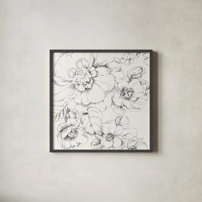 Summer Bloom II BW by Lisa Audit. Shown in a sleek black glass frame for a contemporary gallery look. Available as an archival giclee rolled canvas, fine art paper, or poster print. SKU 48091a.