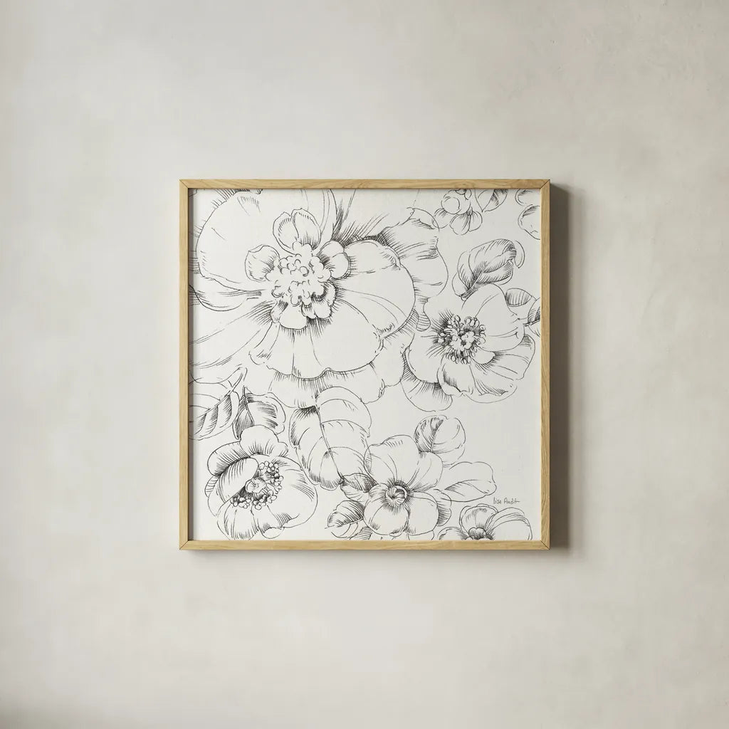 Summer Bloom II BW by Lisa Audit. Shown in a natural wood glass frame for a timeless modern aesthetic. Available as an archival giclee rolled canvas, fine art paper, or poster print. SKU 48091a.