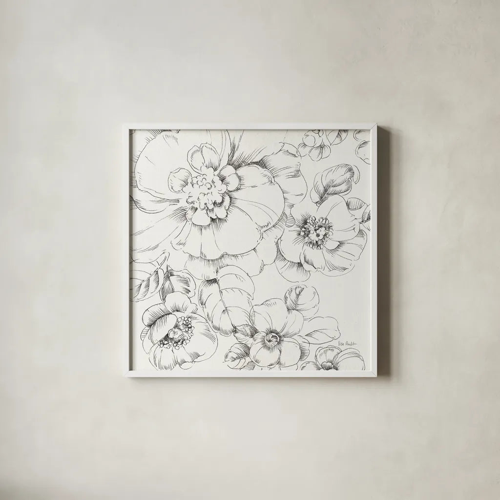 Summer Bloom II BW by Lisa Audit. Shown in a crisp white glass frame for a clean and minimalist style. Available as an archival giclee rolled canvas, fine art paper, or poster print. SKU 48091a.