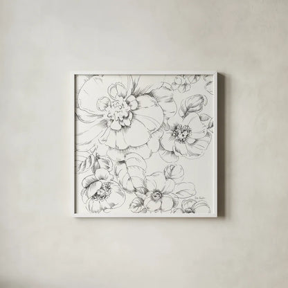Summer Bloom II BW by Lisa Audit. Shown in a crisp white glass frame for a clean and minimalist style. Available as an archival giclee rolled canvas, fine art paper, or poster print. SKU 48091a.