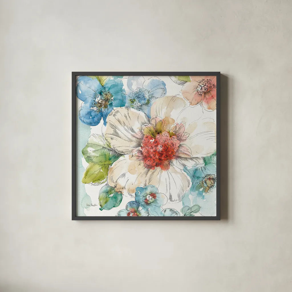 Summer Bloom III by Lisa Audit. Shown in a sleek black glass frame for a contemporary gallery look. Available as an archival giclee rolled canvas, fine art paper, or poster print. SKU 16817a.