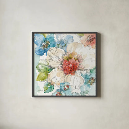 Summer Bloom III by Lisa Audit. Shown in a sleek black glass frame for a contemporary gallery look. Available as an archival giclee rolled canvas, fine art paper, or poster print. SKU 16817a.
