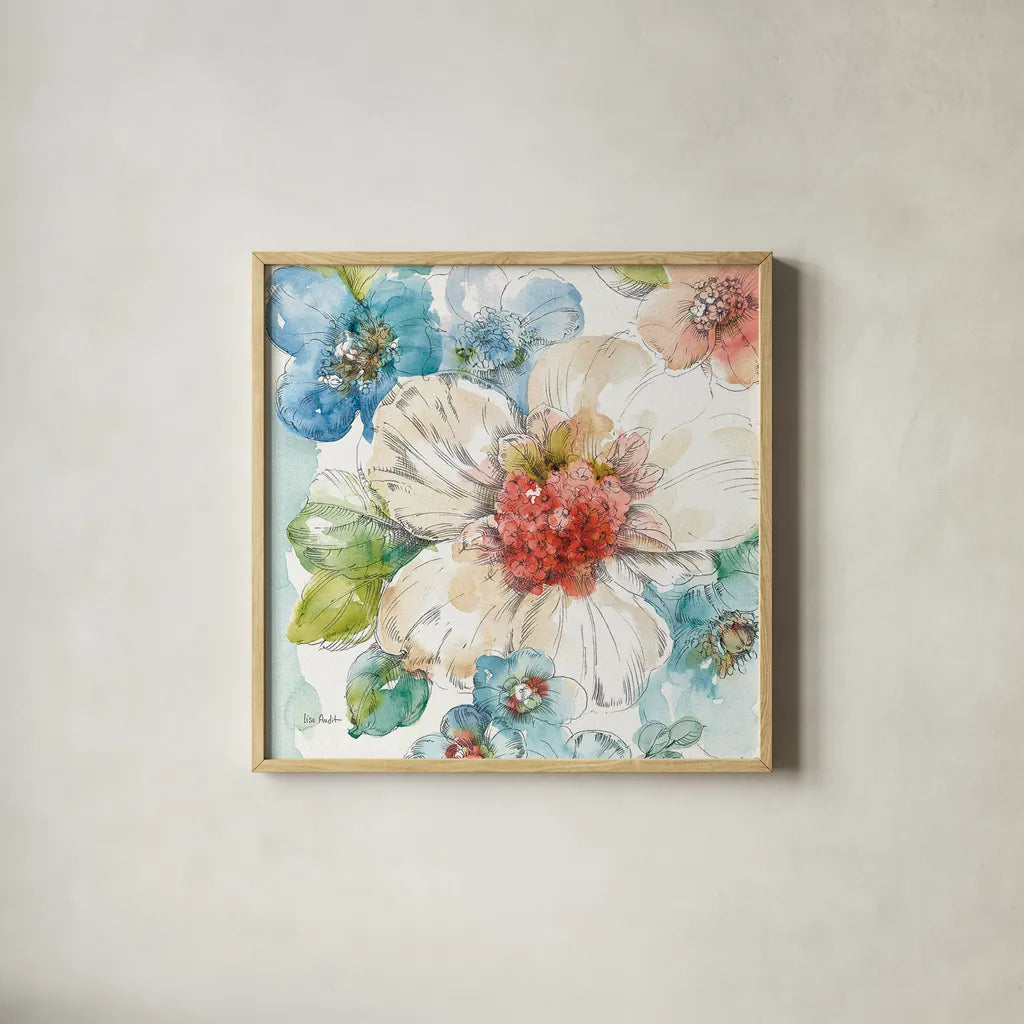 Summer Bloom III by Lisa Audit. Shown in a natural wood glass frame for a timeless modern aesthetic. Available as an archival giclee rolled canvas, fine art paper, or poster print. SKU 16817a.