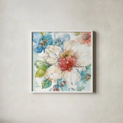 Summer Bloom III by Lisa Audit. Shown in a crisp white glass frame for a clean and minimalist style. Available as an archival giclee rolled canvas, fine art paper, or poster print. SKU 16817a.