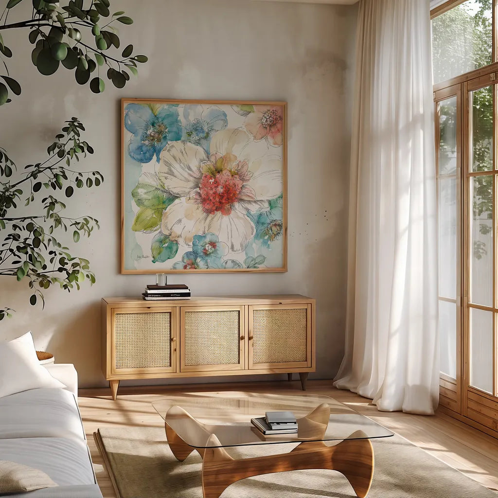 Summer Bloom III by Lisa Audit. Shown in a natural wood frame in a cozy modern living room. Available as an archival giclee rolled canvas, fine art paper, or poster print. SKU 16817a.