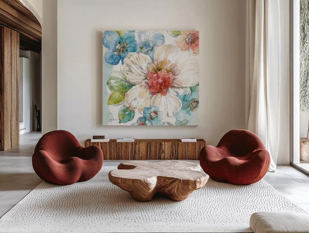 Summer Bloom III by Lisa Audit. Shown as extra-large giant wall art in a modern living room. Available as an archival giclee rolled canvas, fine art paper, or poster print. SKU 16817a.