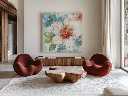 Summer Bloom III by Lisa Audit. Shown as extra-large giant wall art in a modern living room. Available as an archival giclee rolled canvas, fine art paper, or poster print. SKU 16817a.