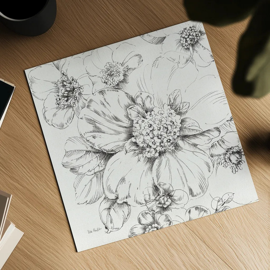 Summer Bloom III BW by Lisa Audit. Shown as a detailed flat fine art print, highlighting archival giclee quality. Available as an archival giclee rolled canvas, fine art paper, or poster print. SKU 48092a.