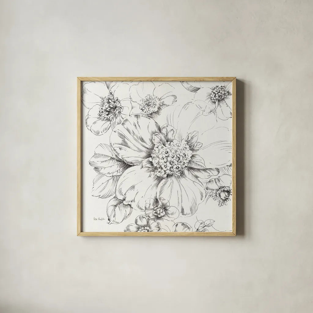 Summer Bloom III BW by Lisa Audit. Shown in a natural wood glass frame for a timeless modern aesthetic. Available as an archival giclee rolled canvas, fine art paper, or poster print. SKU 48092a.