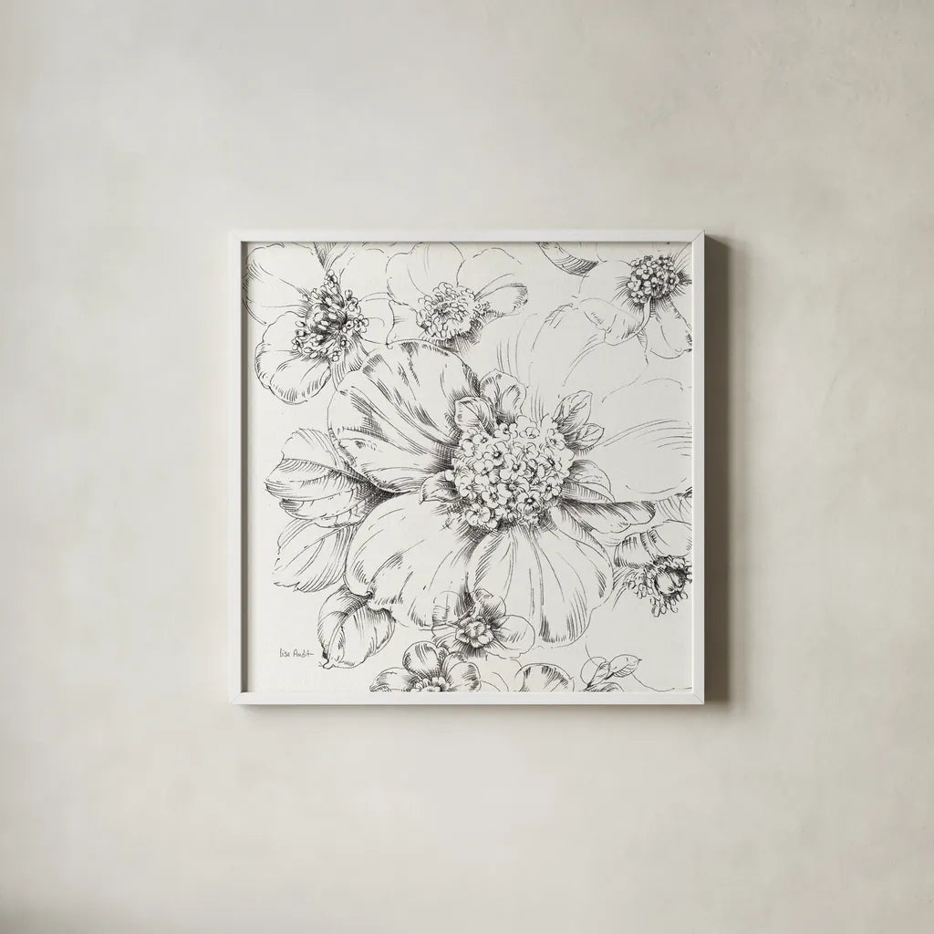 Summer Bloom III BW by Lisa Audit. Shown in a crisp white glass frame for a clean and minimalist style. Available as an archival giclee rolled canvas, fine art paper, or poster print. SKU 48092a.