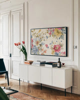 Summer Garden I by Lisa Audit. shown as a framed stretched canvas in a living room above a console. Available as a archival giclee rolled canvas, fine art paper, or poster print. SKU 53386i.