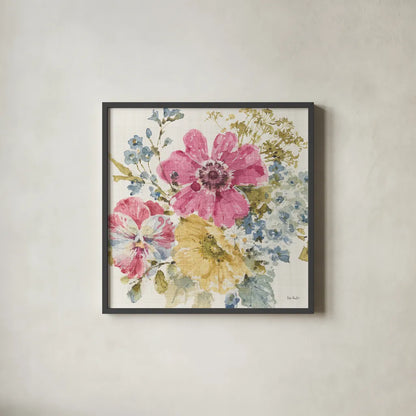 Summer Garden II Light Linen by Lisa Audit. Shown in a sleek black glass frame for a contemporary gallery look. Available as an archival giclee rolled canvas, fine art paper, or poster print. SKU 54168a.