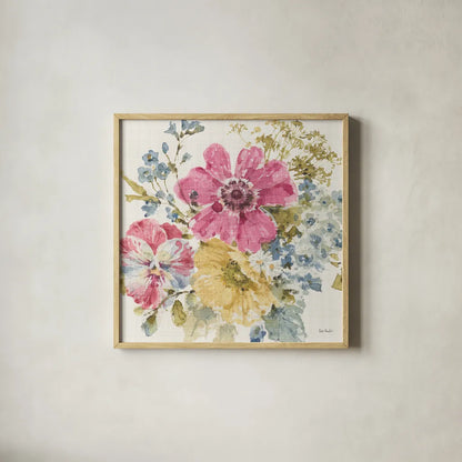 Summer Garden II Light Linen by Lisa Audit. Shown in a natural wood glass frame for a timeless modern aesthetic. Available as an archival giclee rolled canvas, fine art paper, or poster print. SKU 54168a.