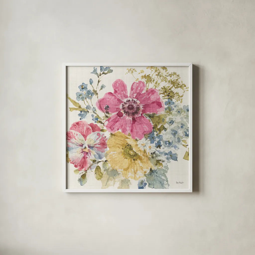 Summer Garden II Light Linen by Lisa Audit. Shown in a crisp white glass frame for a clean and minimalist style. Available as an archival giclee rolled canvas, fine art paper, or poster print. SKU 54168a.