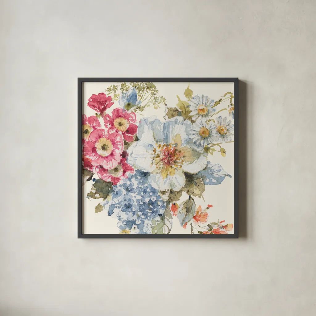 Summer Garden III by Lisa Audit. Shown in a sleek black glass frame for a contemporary gallery look. Available as an archival giclee rolled canvas, fine art paper, or poster print. SKU 53388a.