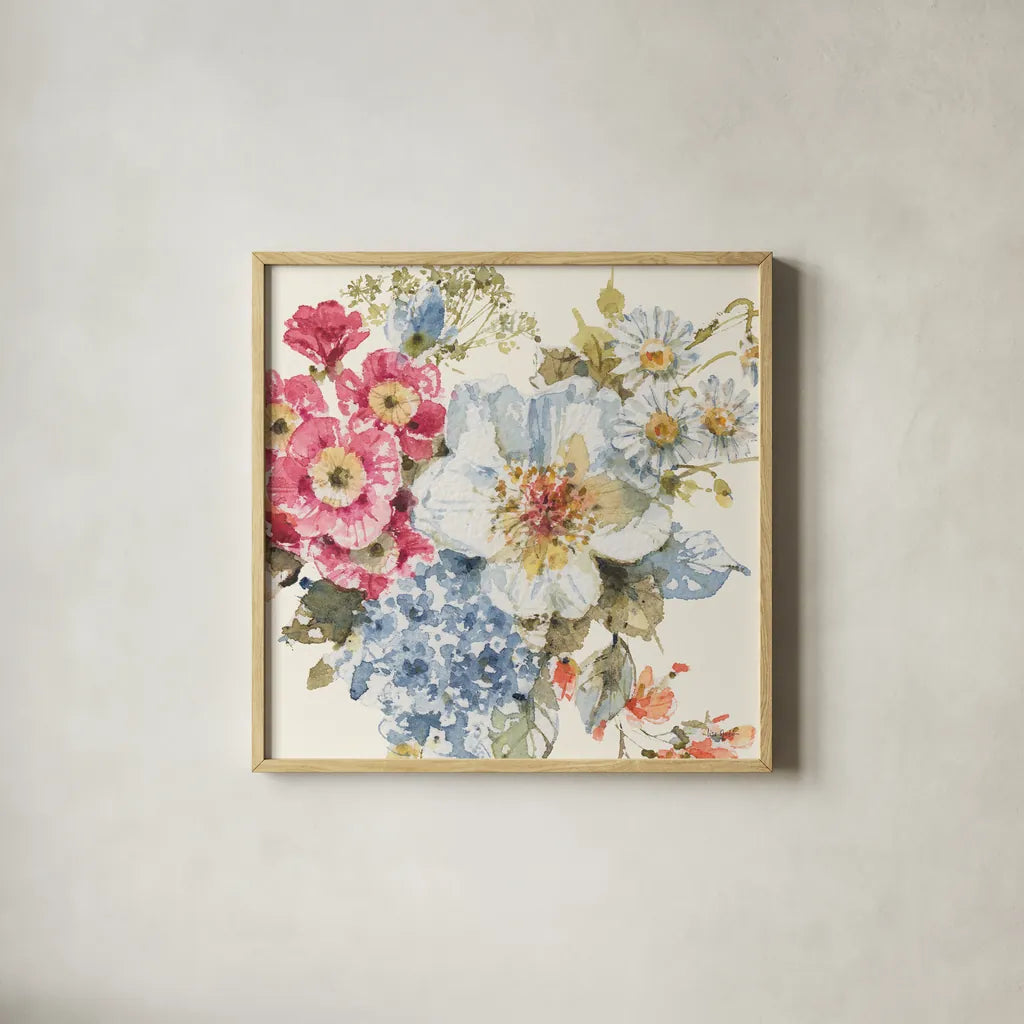 Summer Garden III by Lisa Audit. Shown in a natural wood glass frame for a timeless modern aesthetic. Available as an archival giclee rolled canvas, fine art paper, or poster print. SKU 53388a.