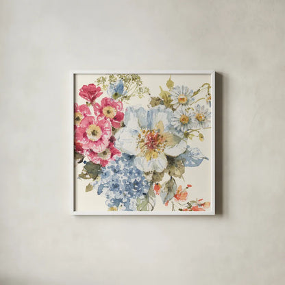 Summer Garden III by Lisa Audit. Shown in a crisp white glass frame for a clean and minimalist style. Available as an archival giclee rolled canvas, fine art paper, or poster print. SKU 53388a.