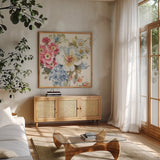 Summer Garden III by Lisa Audit. Shown in a natural wood frame in a cozy modern living room. Available as an archival giclee rolled canvas, fine art paper, or poster print. SKU 53388a.