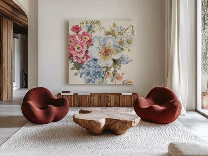 Summer Garden III by Lisa Audit. Shown as extra-large giant wall art in a modern living room. Available as an archival giclee rolled canvas, fine art paper, or poster print. SKU 53388a.