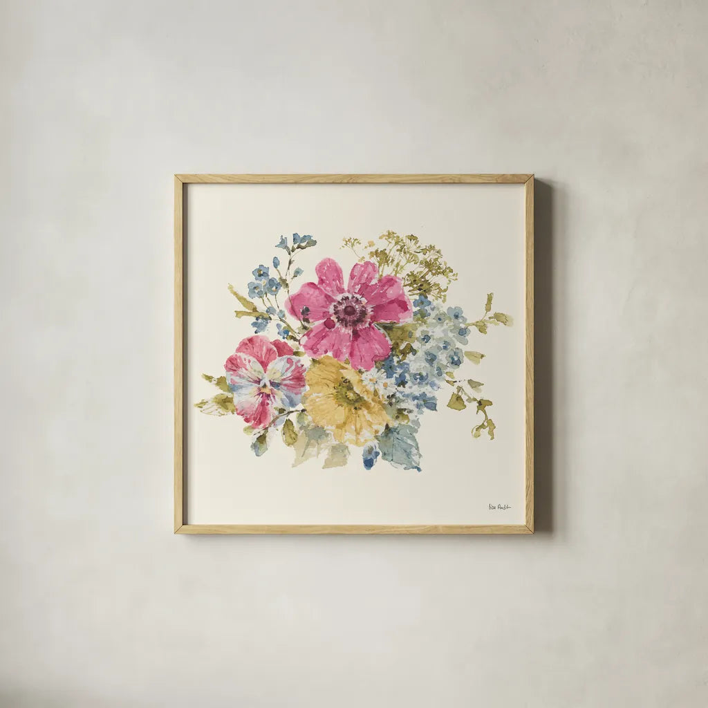Summer Garden IV by Lisa Audit. Shown in a natural wood glass frame for a timeless modern aesthetic. Available as an archival giclee rolled canvas, fine art paper, or poster print. SKU 53389a.