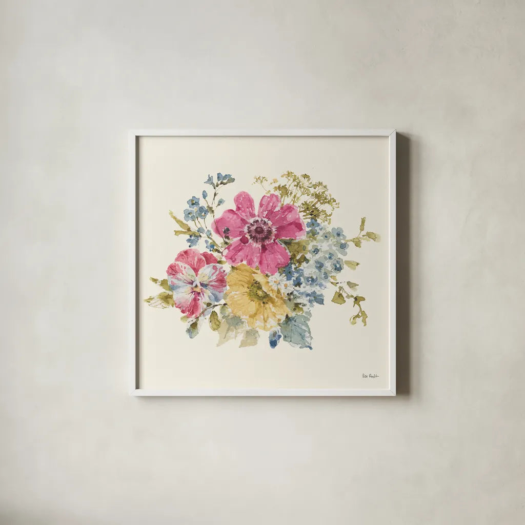 Summer Garden IV by Lisa Audit. Shown in a crisp white glass frame for a clean and minimalist style. Available as an archival giclee rolled canvas, fine art paper, or poster print. SKU 53389a.