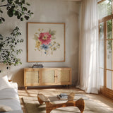 Summer Garden V by Lisa Audit. Shown in a natural wood frame in a cozy modern living room. Available as an archival giclee rolled canvas, fine art paper, or poster print. SKU 53390a.
