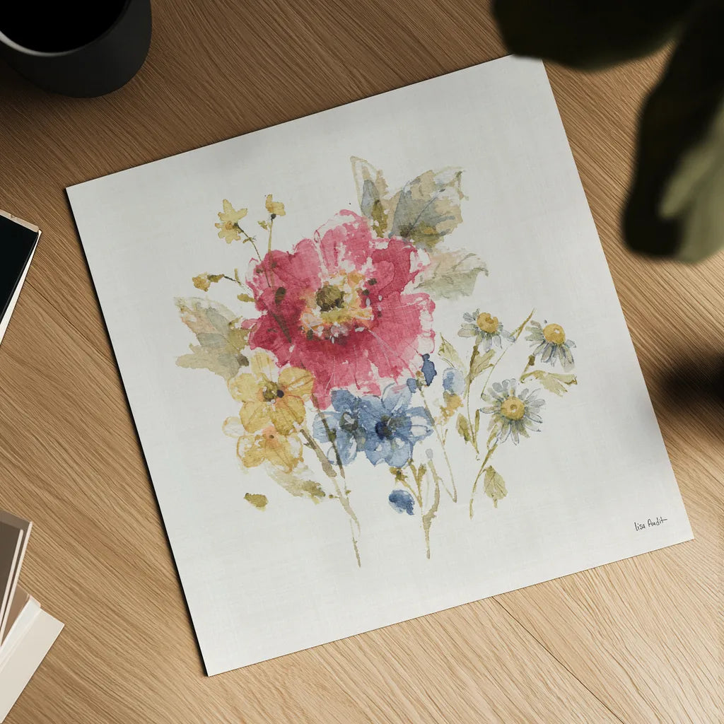 Summer Garden V Light Linen by Lisa Audit. Shown as a detailed flat fine art print, highlighting archival giclee quality. Available as an archival giclee rolled canvas, fine art paper, or poster print. SKU 54169a.