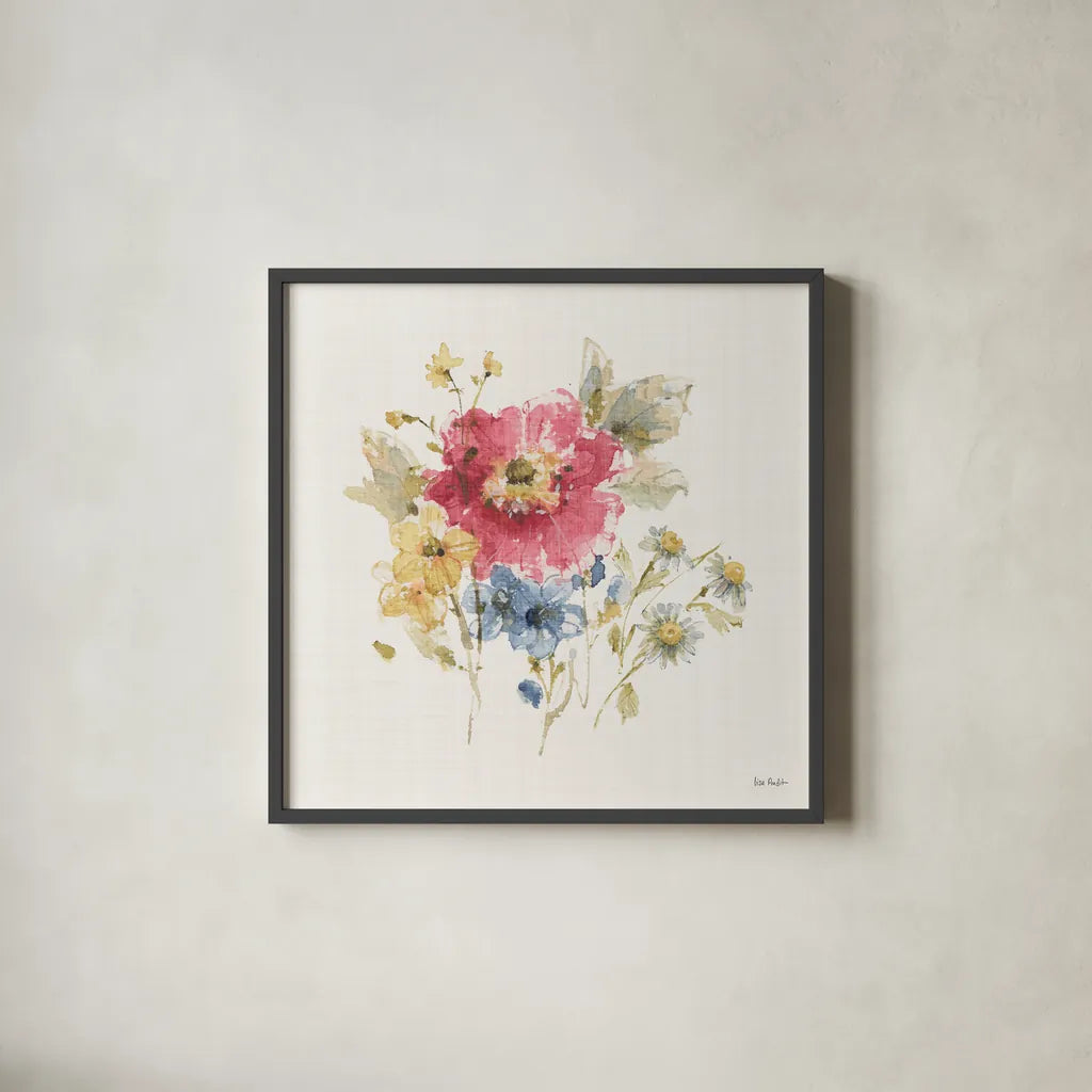 Summer Garden V Light Linen by Lisa Audit. Shown in a sleek black glass frame for a contemporary gallery look. Available as an archival giclee rolled canvas, fine art paper, or poster print. SKU 54169a.