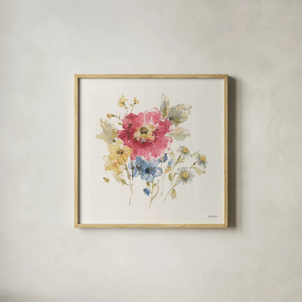 Summer Garden V Light Linen by Lisa Audit. Shown in a natural wood glass frame for a timeless modern aesthetic. Available as an archival giclee rolled canvas, fine art paper, or poster print. SKU 54169a.
