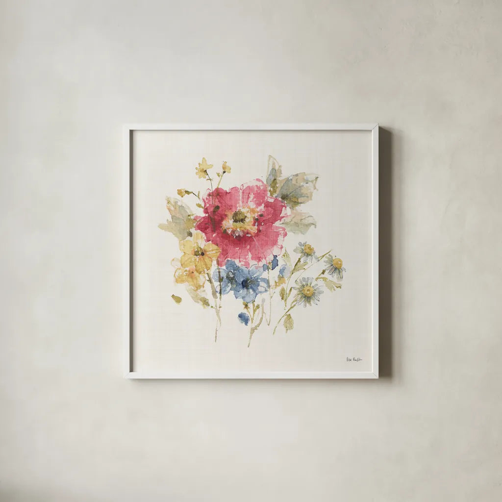Summer Garden V Light Linen by Lisa Audit. Shown in a crisp white glass frame for a clean and minimalist style. Available as an archival giclee rolled canvas, fine art paper, or poster print. SKU 54169a.