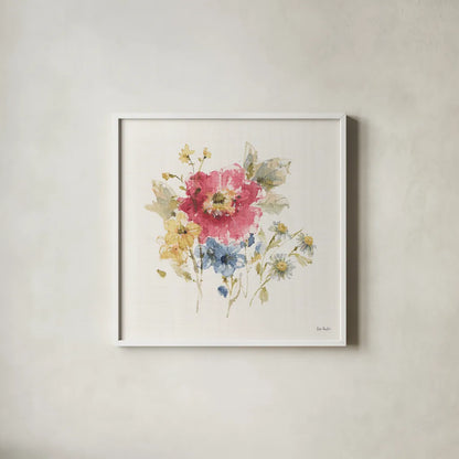 Summer Garden V Light Linen by Lisa Audit. Shown in a crisp white glass frame for a clean and minimalist style. Available as an archival giclee rolled canvas, fine art paper, or poster print. SKU 54169a.