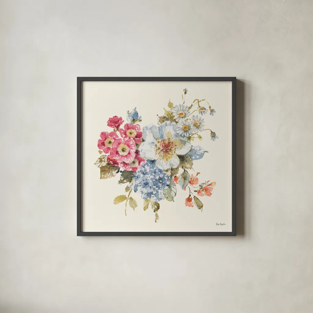 Summer Garden VI by Lisa Audit. Shown in a sleek black glass frame for a contemporary gallery look. Available as an archival giclee rolled canvas, fine art paper, or poster print. SKU 53391a.