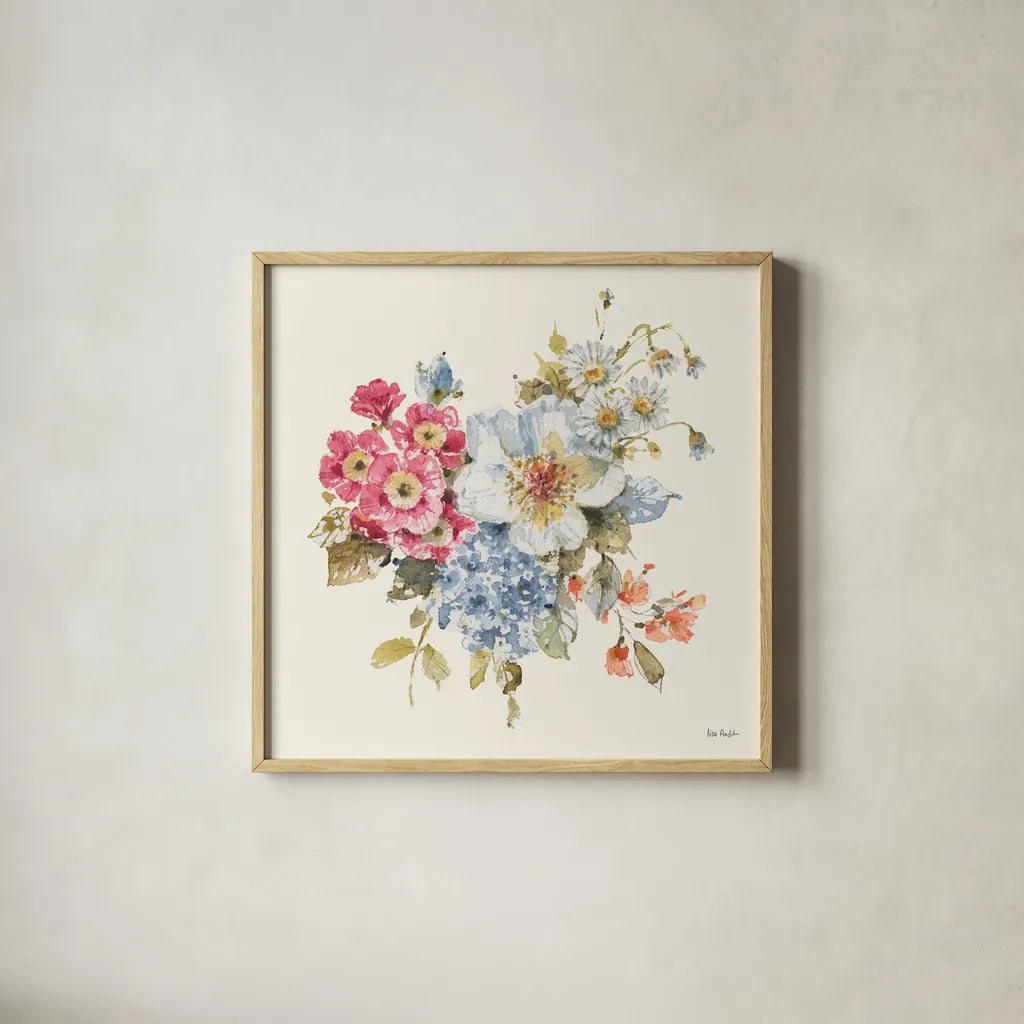 Summer Garden VI by Lisa Audit. Shown in a natural wood glass frame for a timeless modern aesthetic. Available as an archival giclee rolled canvas, fine art paper, or poster print. SKU 53391a.