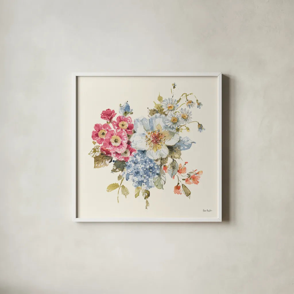 Summer Garden VI by Lisa Audit. Shown in a crisp white glass frame for a clean and minimalist style. Available as an archival giclee rolled canvas, fine art paper, or poster print. SKU 53391a.