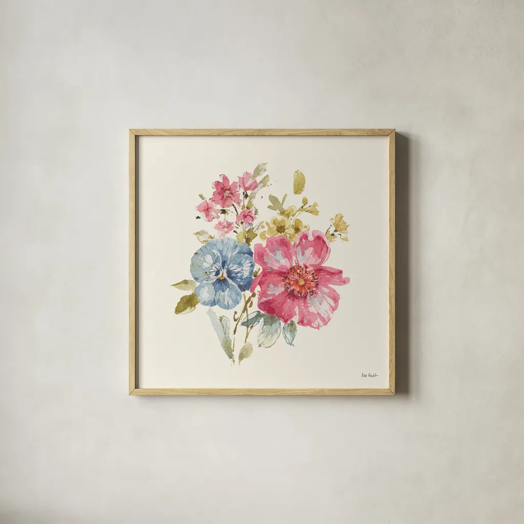 Summer Garden VII by Lisa Audit. Shown in a natural wood glass frame for a timeless modern aesthetic. Available as an archival giclee rolled canvas, fine art paper, or poster print. SKU 53392a.