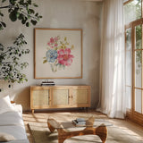 Summer Garden VII by Lisa Audit. Shown in a natural wood frame in a cozy modern living room. Available as an archival giclee rolled canvas, fine art paper, or poster print. SKU 53392a.