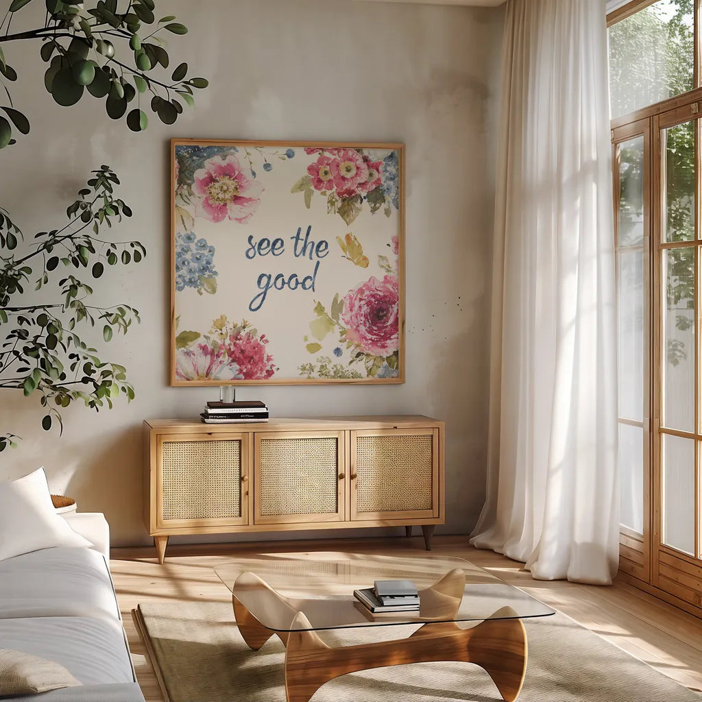 Summer Garden X by Lisa Audit. Shown in a natural wood frame in a cozy modern living room. Available as an archival giclee rolled canvas, fine art paper, or poster print. SKU 53395a.