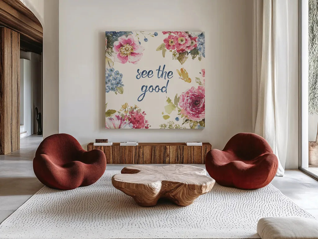 Summer Garden X by Lisa Audit. Shown as extra-large giant wall art in a modern living room. Available as an archival giclee rolled canvas, fine art paper, or poster print. SKU 53395a.