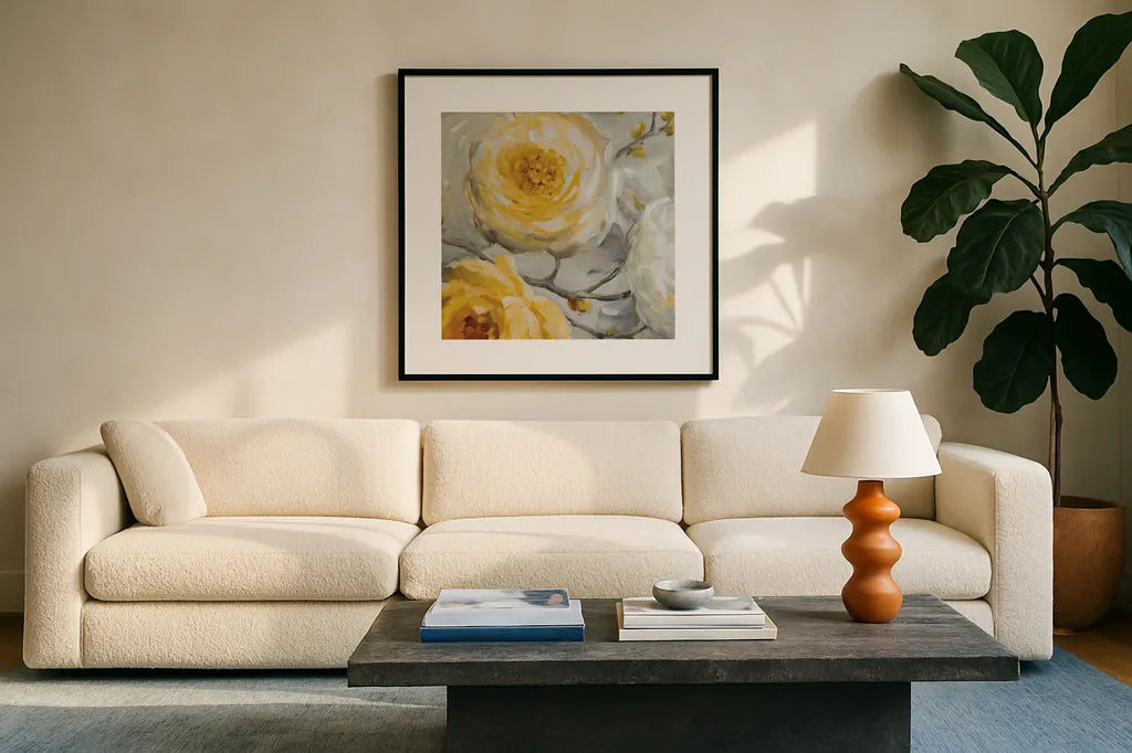 Sunshine XI by Lisa Audit. Displayed in a glass frame with matte in a clean modern living room. Available as an archival giclee rolled canvas, fine art paper, or poster print. SKU 34836a.