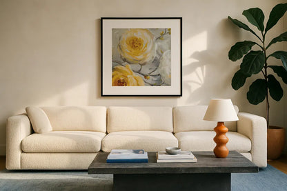 Sunshine XI by Lisa Audit. Displayed in a glass frame with matte in a clean modern living room. Available as an archival giclee rolled canvas, fine art paper, or poster print. SKU 34836a.