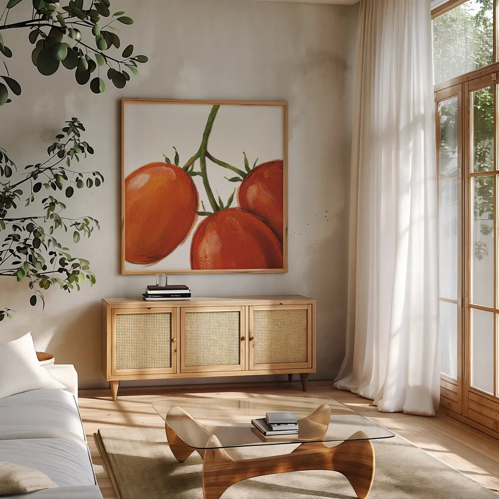 Tasty on White by Lisa Audit. Shown in a natural wood frame in a cozy modern living room. Available as an archival giclee rolled canvas, fine art paper, or poster print. SKU 68123a.