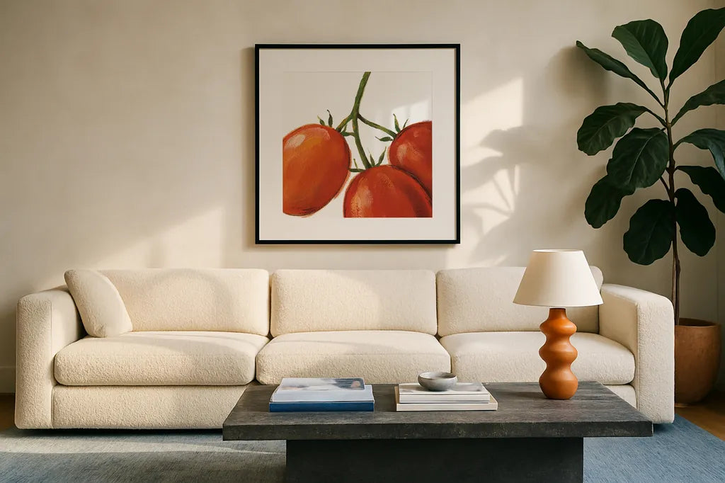 Tasty on White by Lisa Audit. Displayed in a glass frame with matte in a clean modern living room. Available as an archival giclee rolled canvas, fine art paper, or poster print. SKU 68123a.