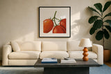 Tasty on White by Lisa Audit. Displayed in a glass frame with matte in a clean modern living room. Available as an archival giclee rolled canvas, fine art paper, or poster print. SKU 68123a.